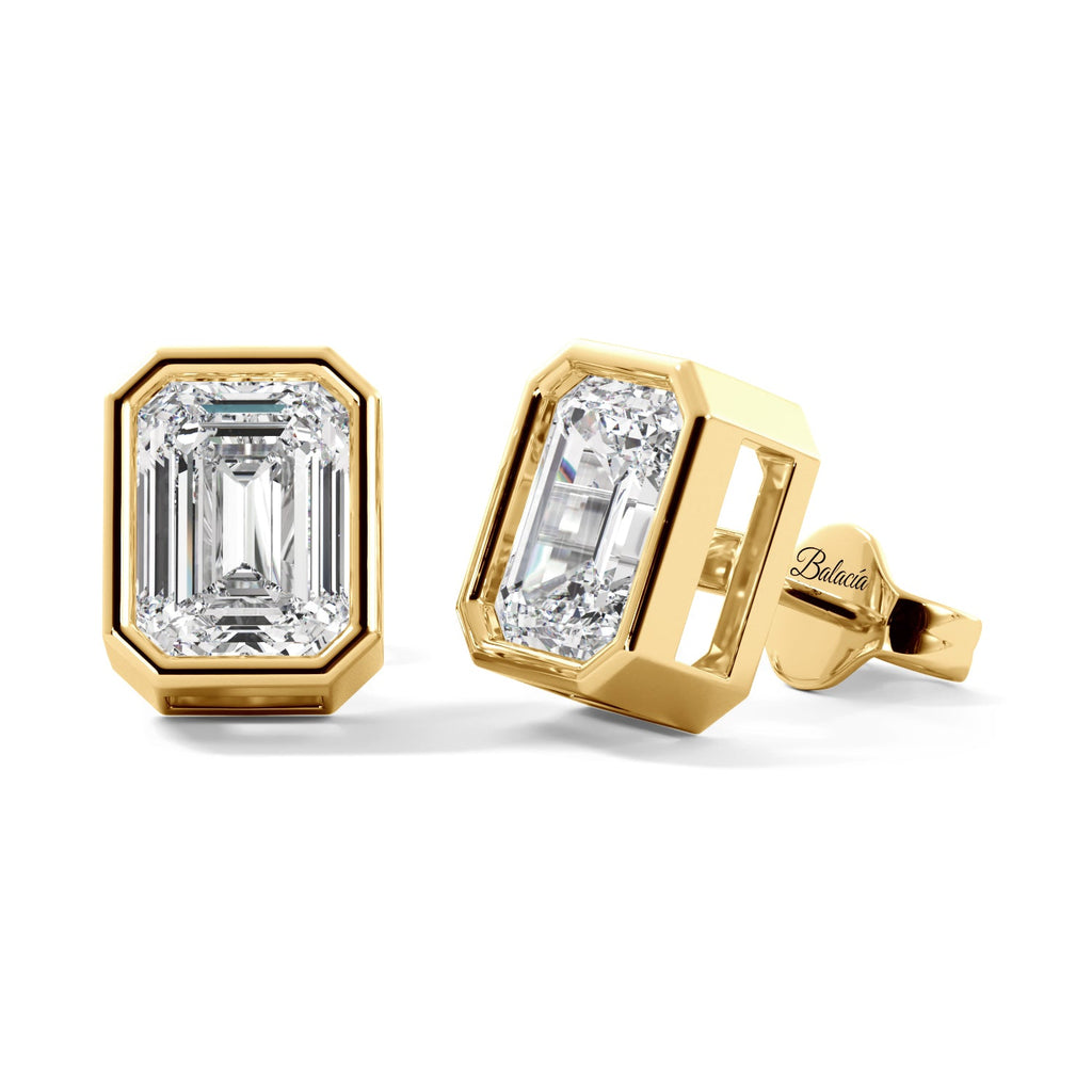 Diamond Emerald Cut Gold Bezel Stud Earrings