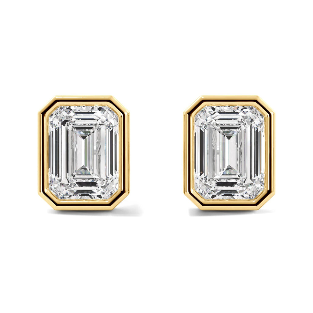 Gold Emerald Cut Bezel Diamond Stud Earrings