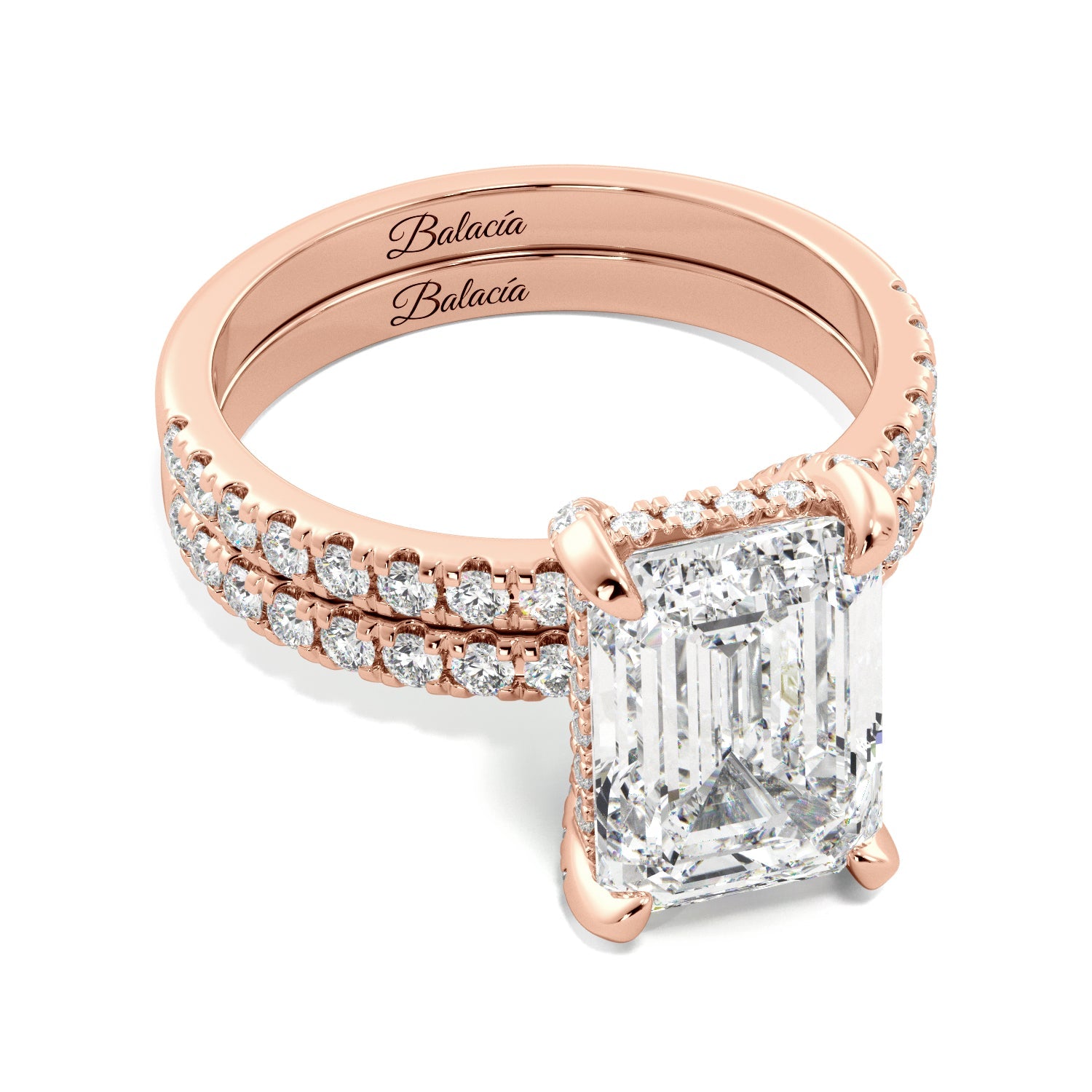 Emerald Cut Hidden Halo Engagement Ring Set - Balacia