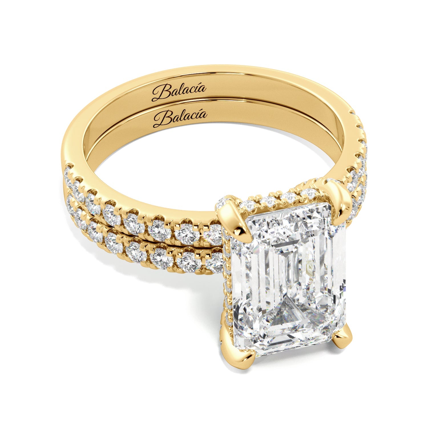 Emerald Cut Hidden Halo Engagement Ring Set - Balacia