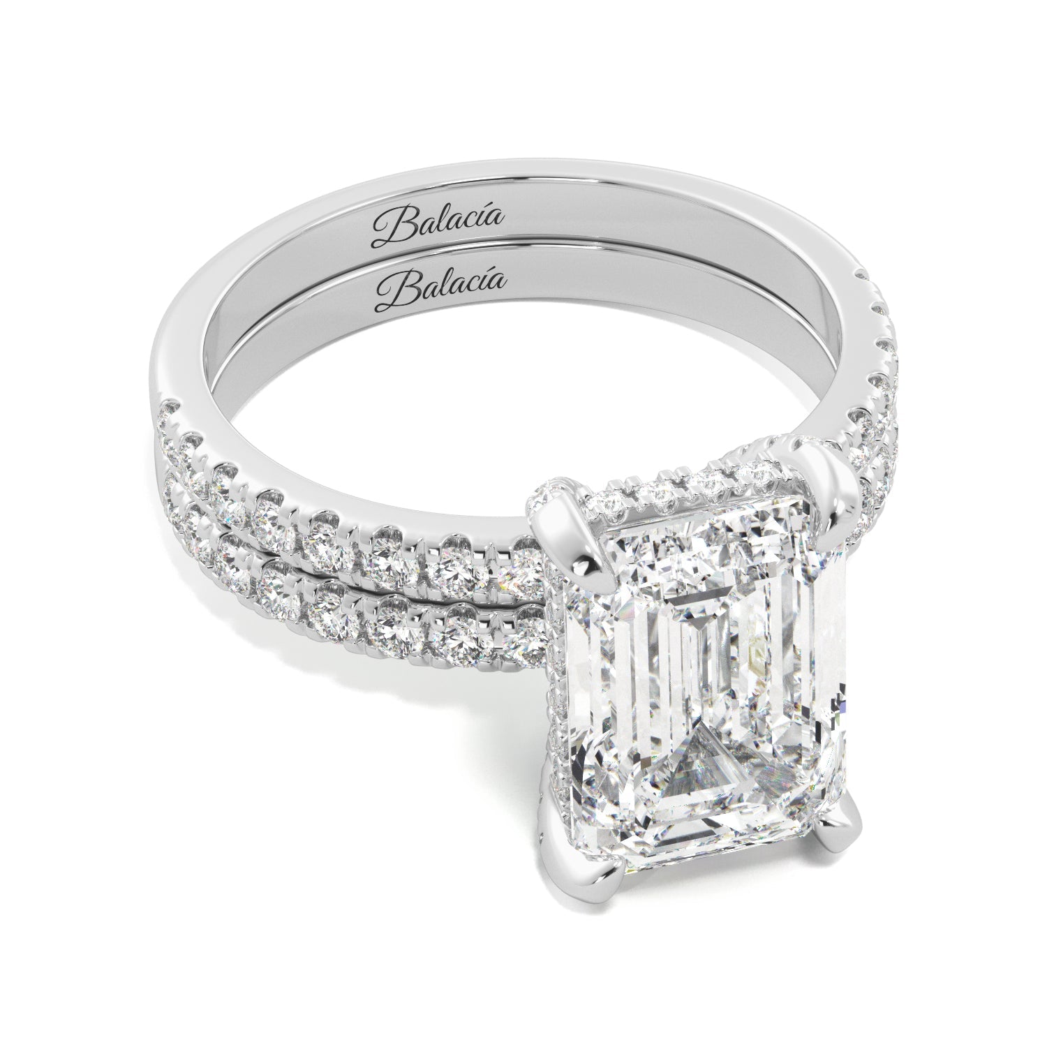 Emerald Cut Hidden Halo Engagement Ring Set - Balacia