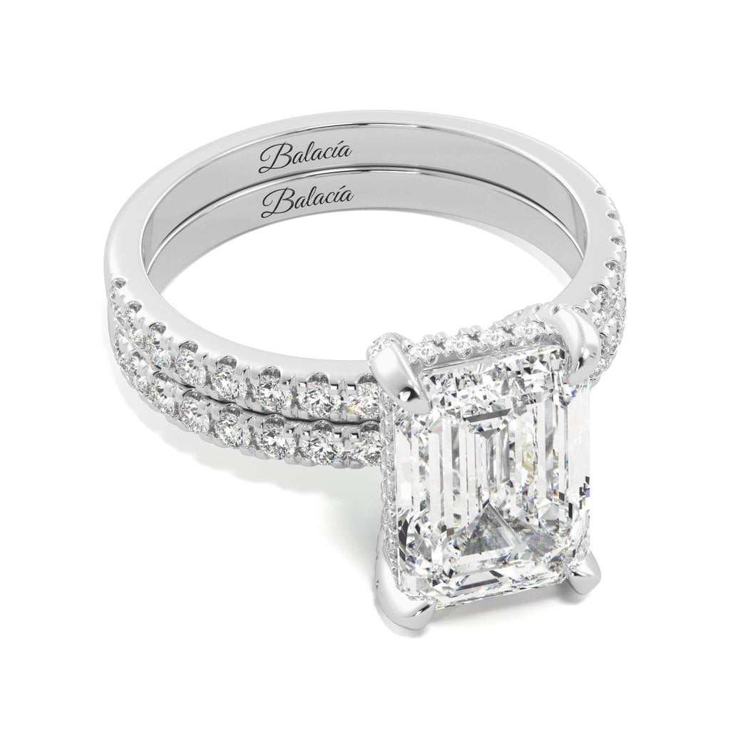 Emerald Cut Hidden Halo Engagement Ring Set - Balacia