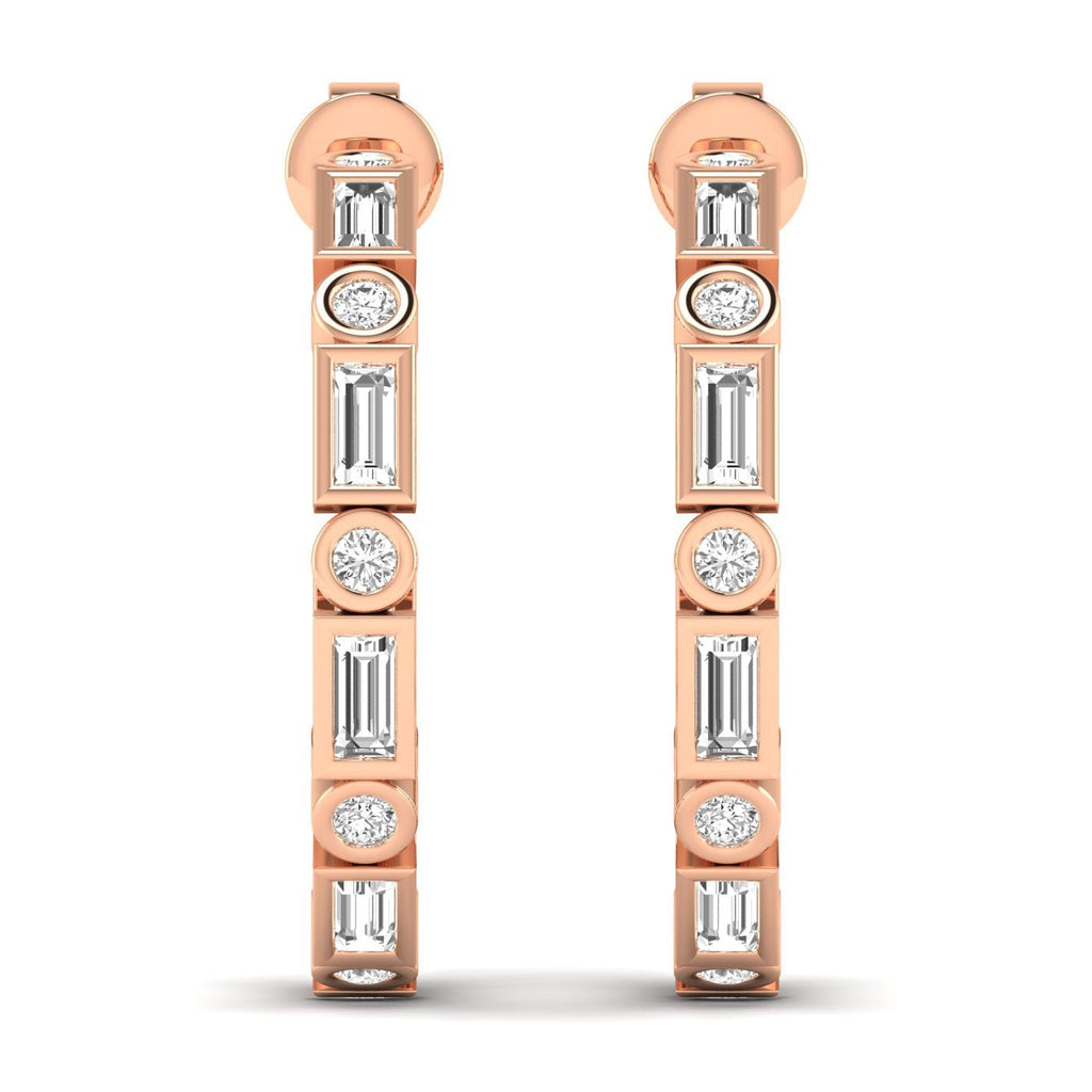 Emerald Cut Round Bezel Diamond Hoop Earrings - Balacia