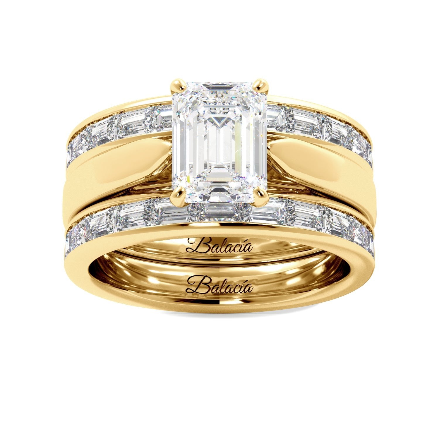 Emerald Cut Solitaire Bagguette Bands Engagement Ring Set - Balacia
