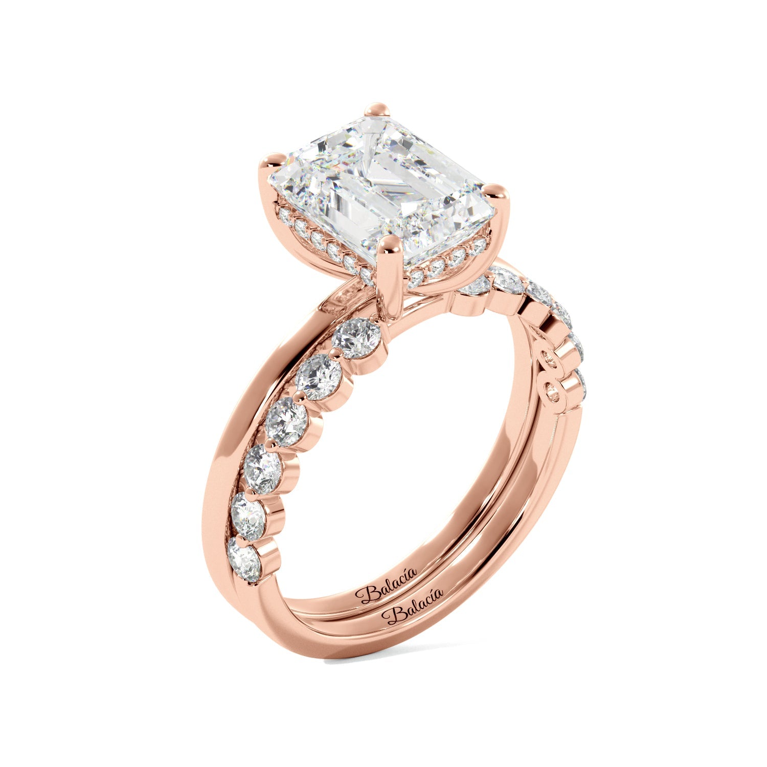 Emerald Cut with Hidden Halo Engagement Ring Set - Balacia