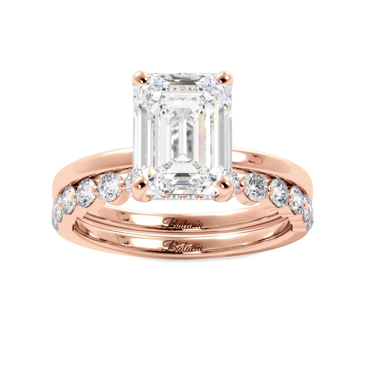 Emerald Cut with Hidden Halo Engagement Ring Set - Balacia