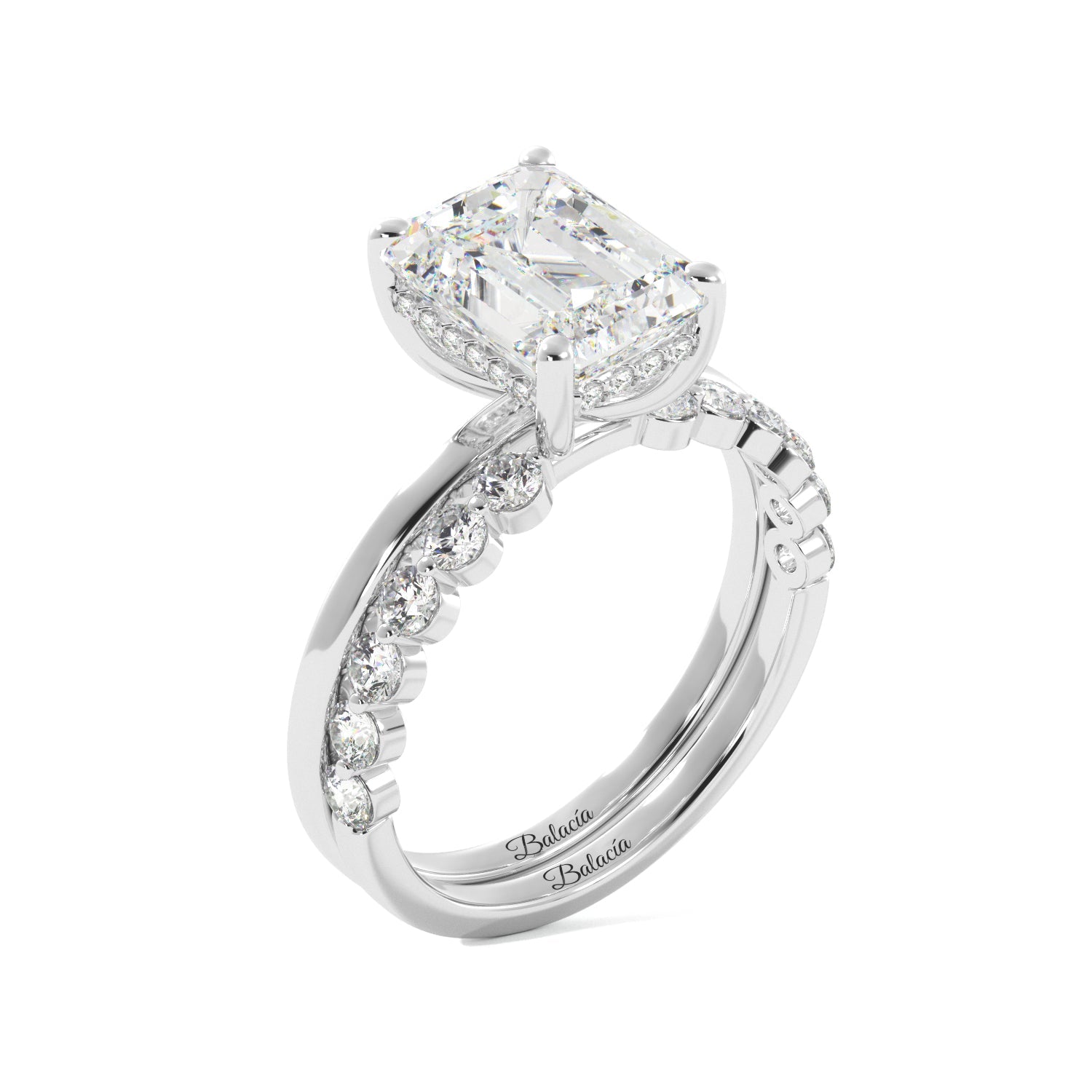 Emerald Cut with Hidden Halo Engagement Ring Set - Balacia