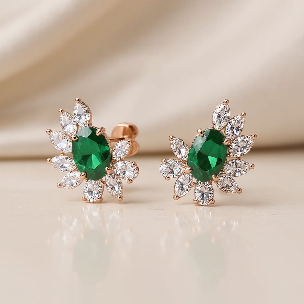 Rose Gold Emerald Green Oval Diamond Stud Earrings Side