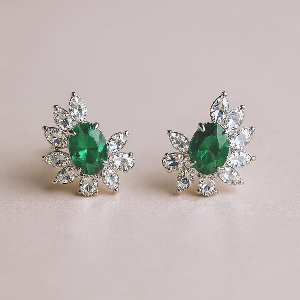 White Gold Emerald Green Oval Diamond Stud Earrings
