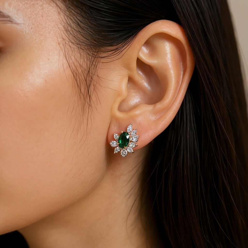 Rose Gold Emerald Green Oval Diamond Stud Earrings On Ear