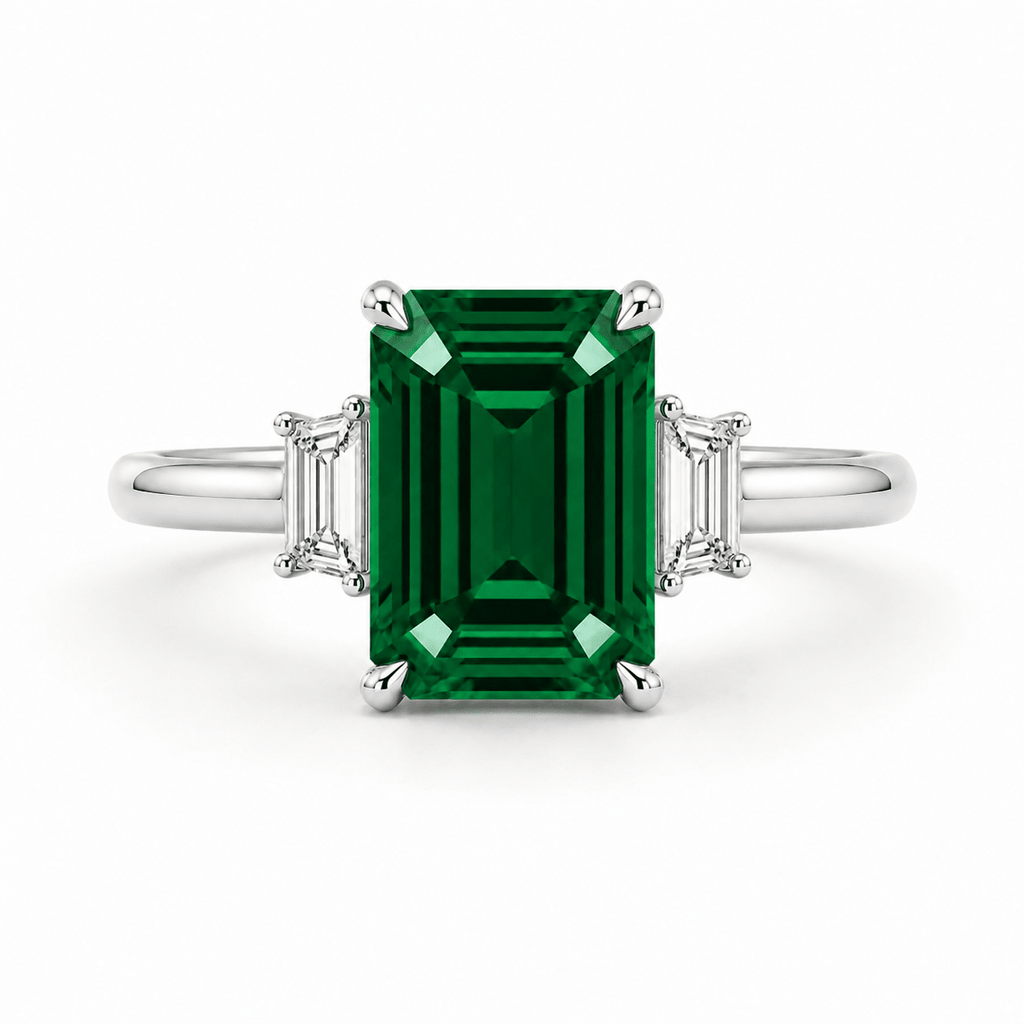 Green Emerald Cut Diamond 3 Stone Engagement Ring White Gold