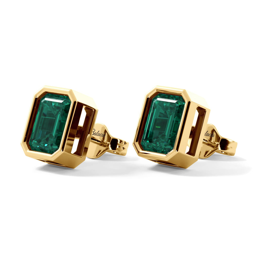 Gold Green Emerald Emerald Cut Bezel Stud Earrings