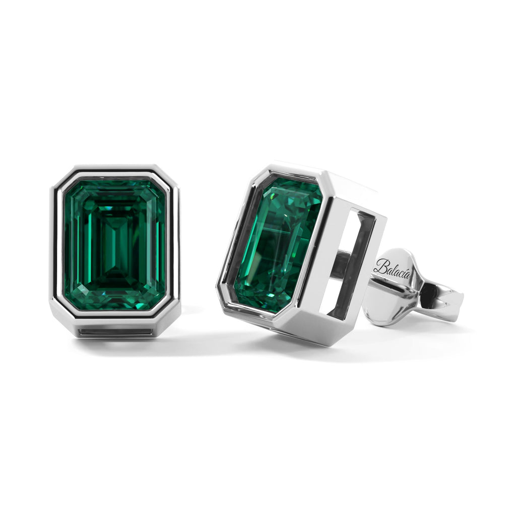 Emerald Cut Green Bezel Stud Earrings