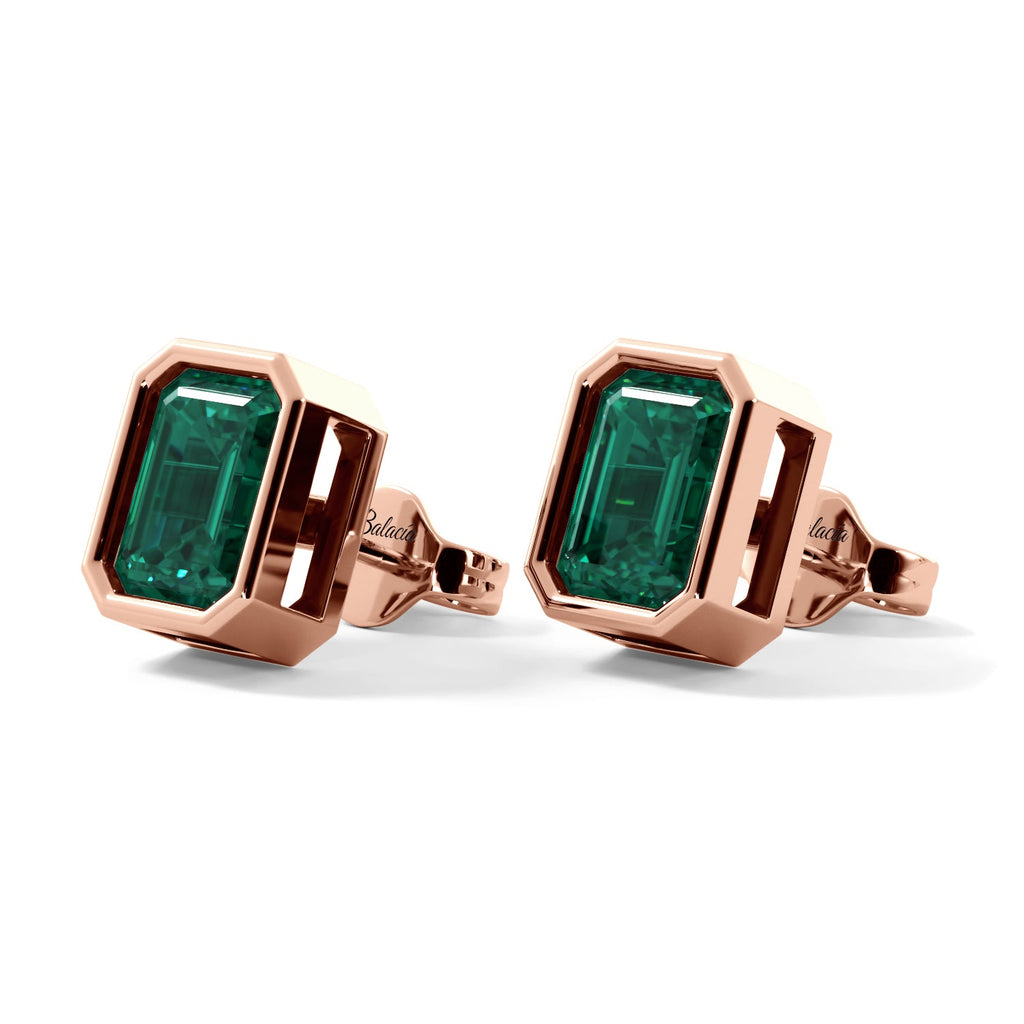 Rose Gold Emerald Cut Green Bezel Stud Earrings