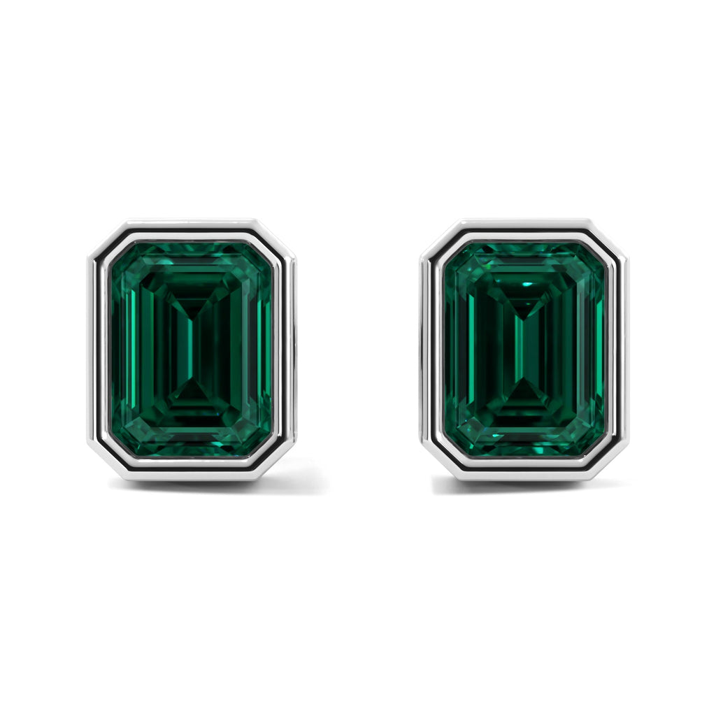 Green Emerald Cut Bezel Stud Earrings
