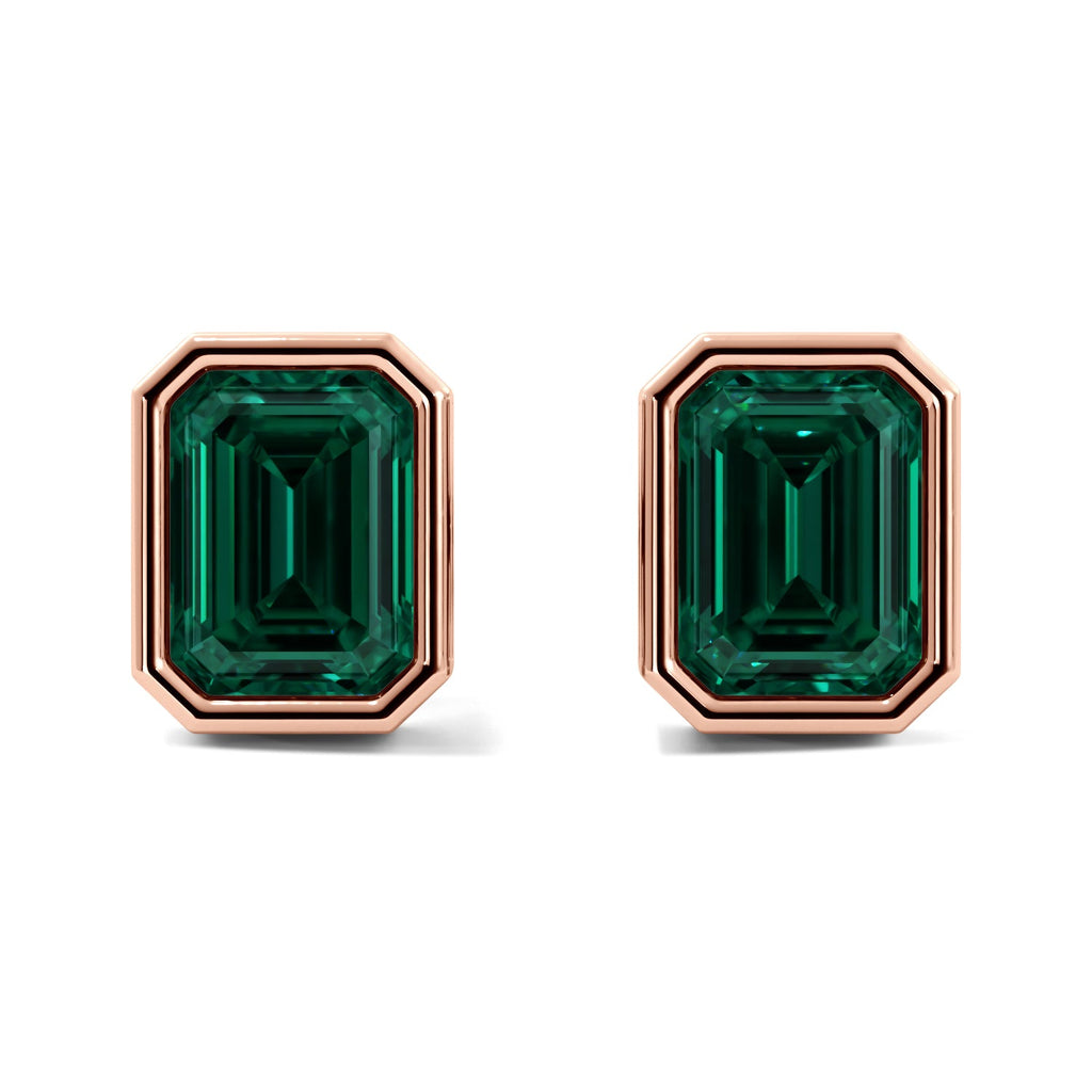 Rose Gold Green Emerald Cut Bezel Stud Earrings
