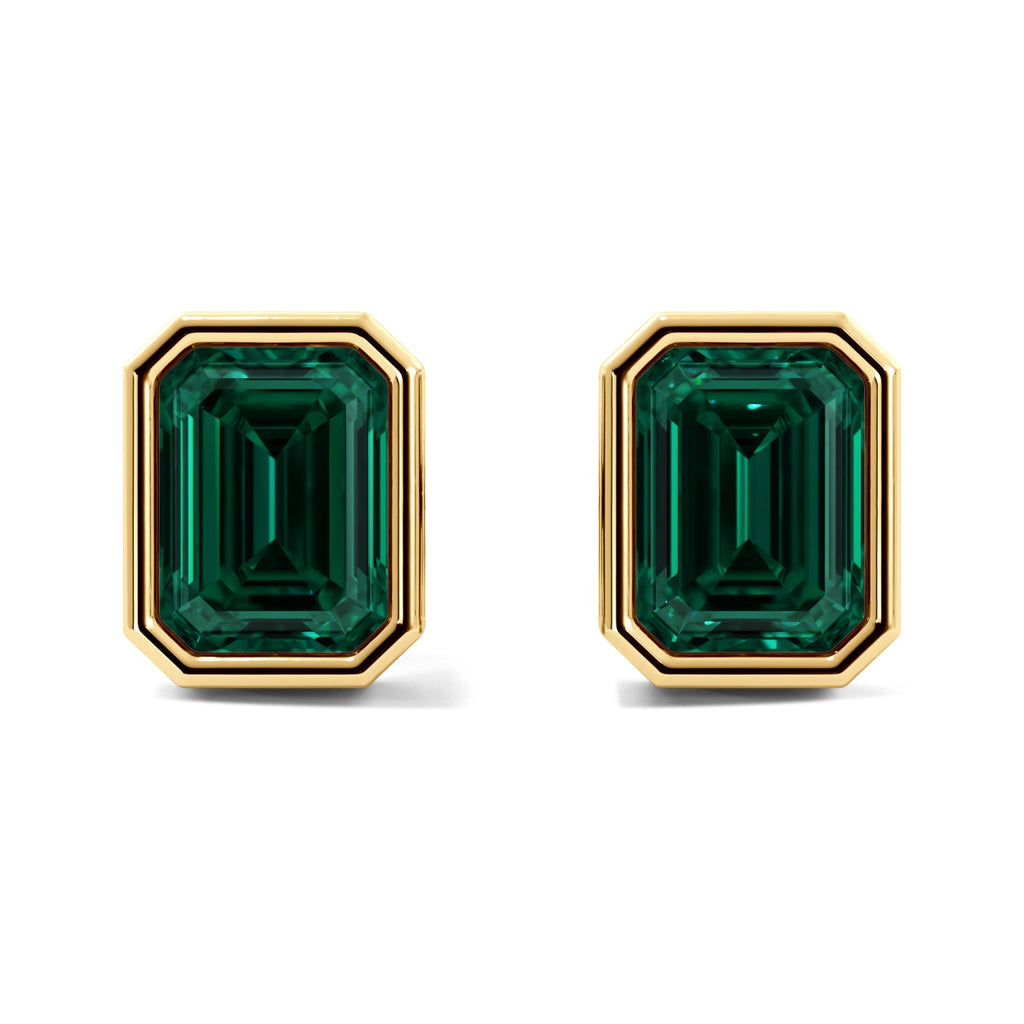 Gold Green Emerald Cut Bezel Stud Earrings