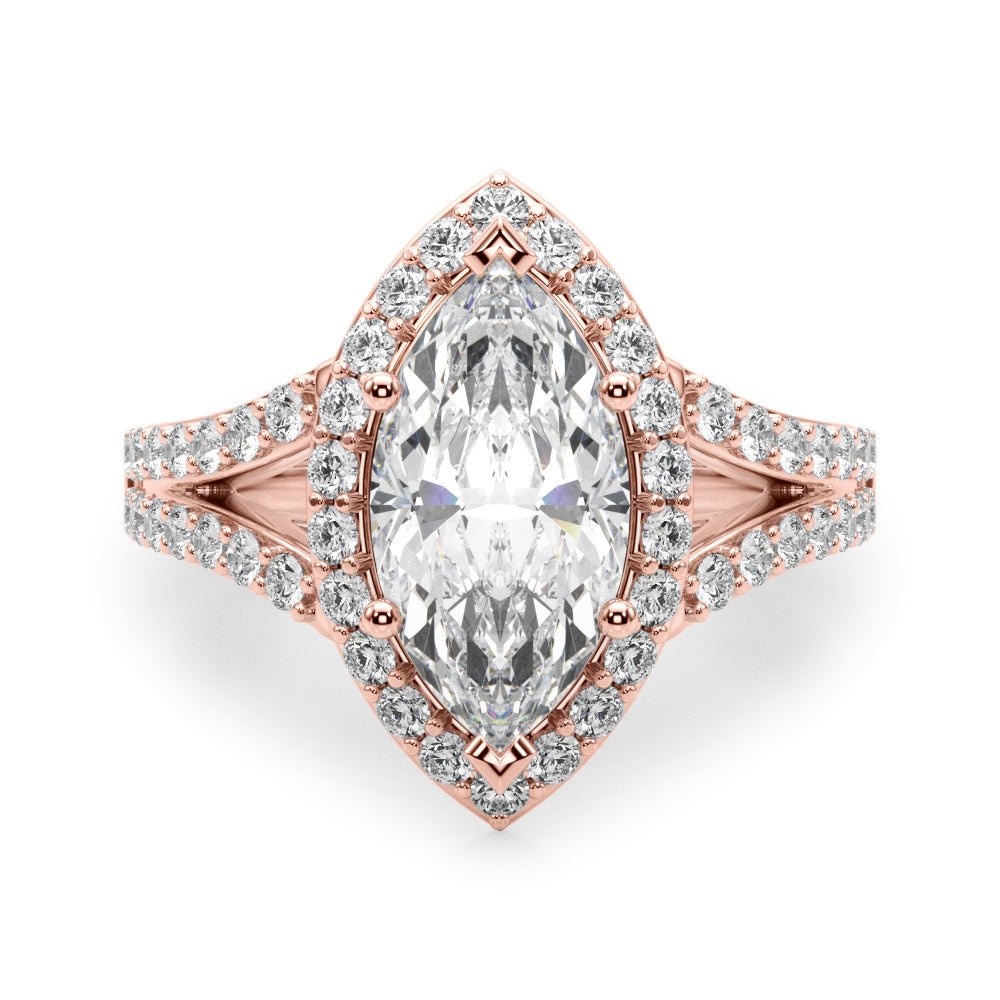 Marquise Diamond Halo Split Shank Engagement Ring Rose Gold Front