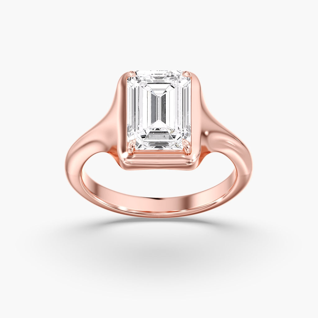 Rose Gold Modern Chunky Bezel Prong Emerald Cut Engagement Ring