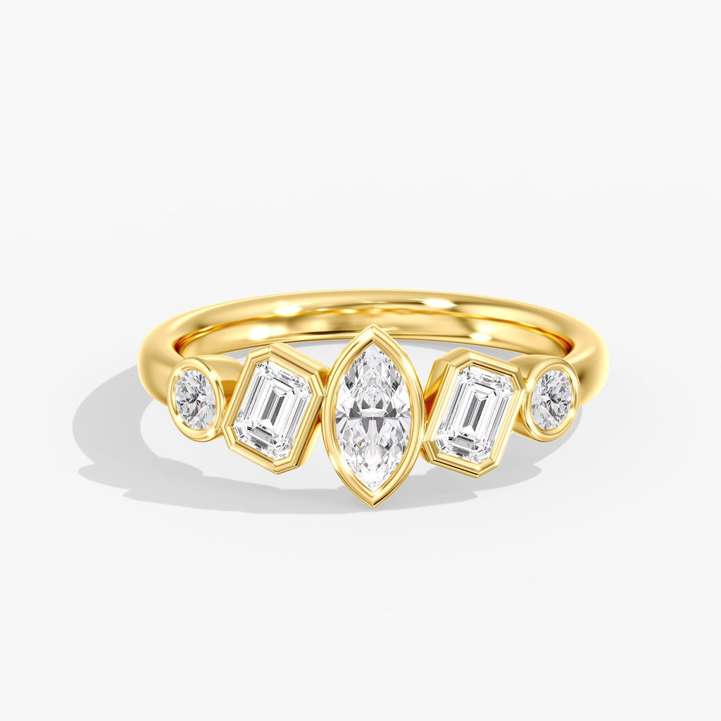 Yellow Gold Modern Five Stone Multi Shape Diamond Ring Front View