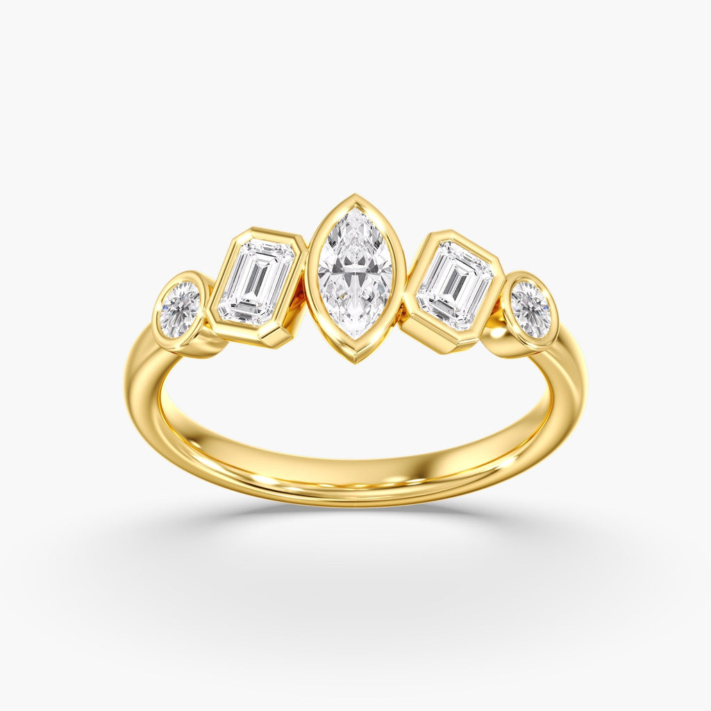 Yellow Gold Modern Five Stone Multi Shape Diamond Ring