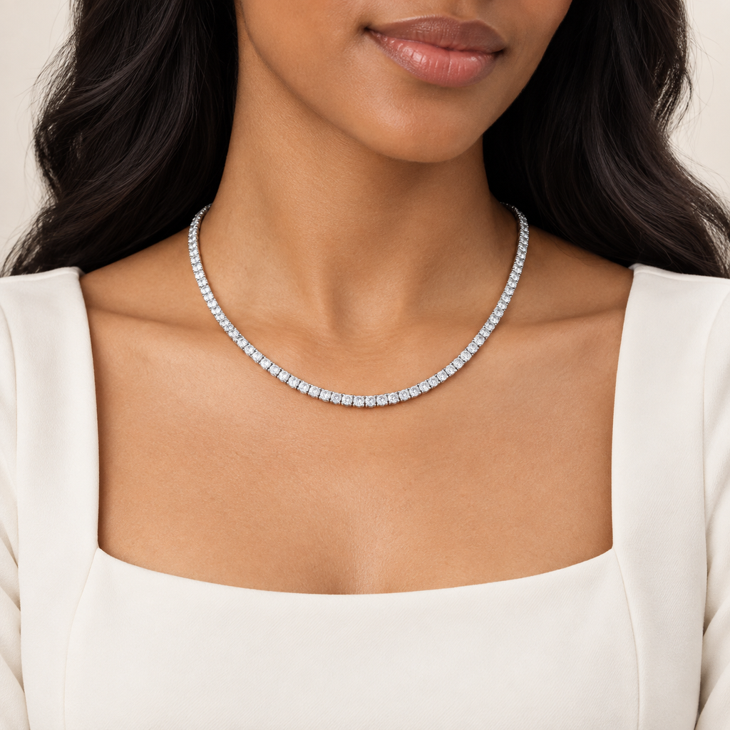 moissanite tennis necklace on woman