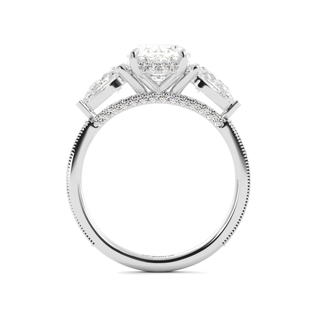 Oval 3 Stone Diamond Engagement Ring With Filigree And Milgrain