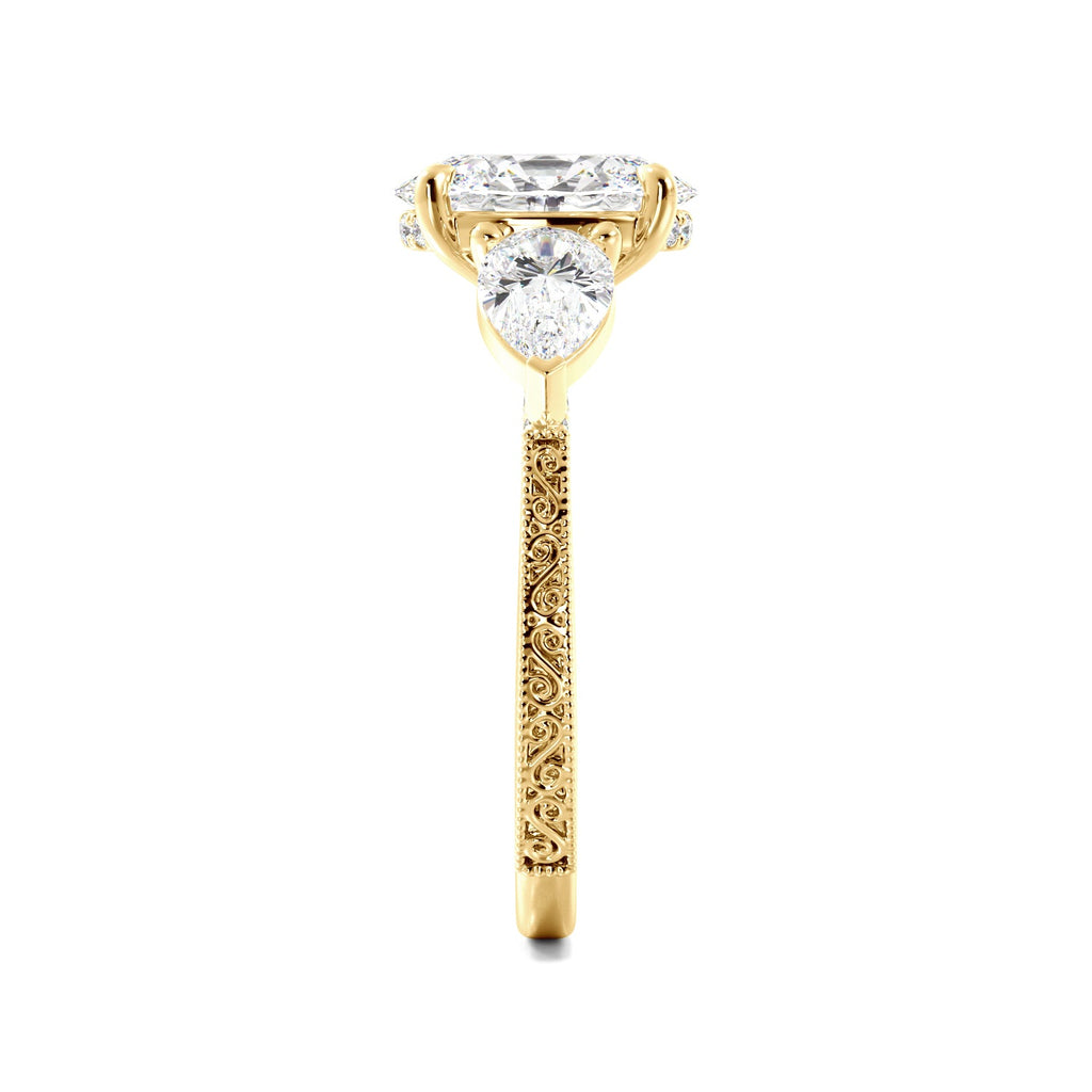Oval 3 Stone Diamond Engagement Ring With Filigree And Milgrain