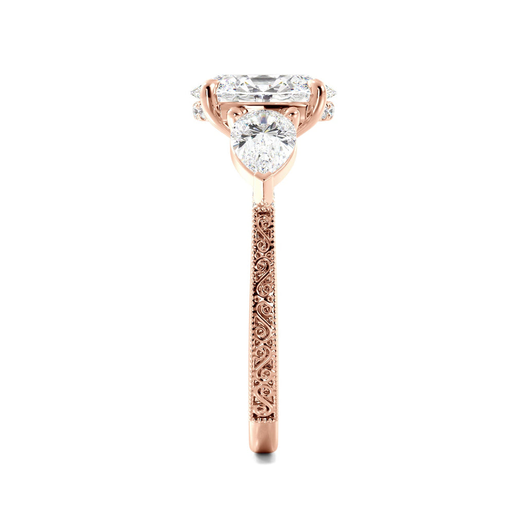 Oval 3 Stone Diamond Engagement Ring With Filigree And Milgrain
