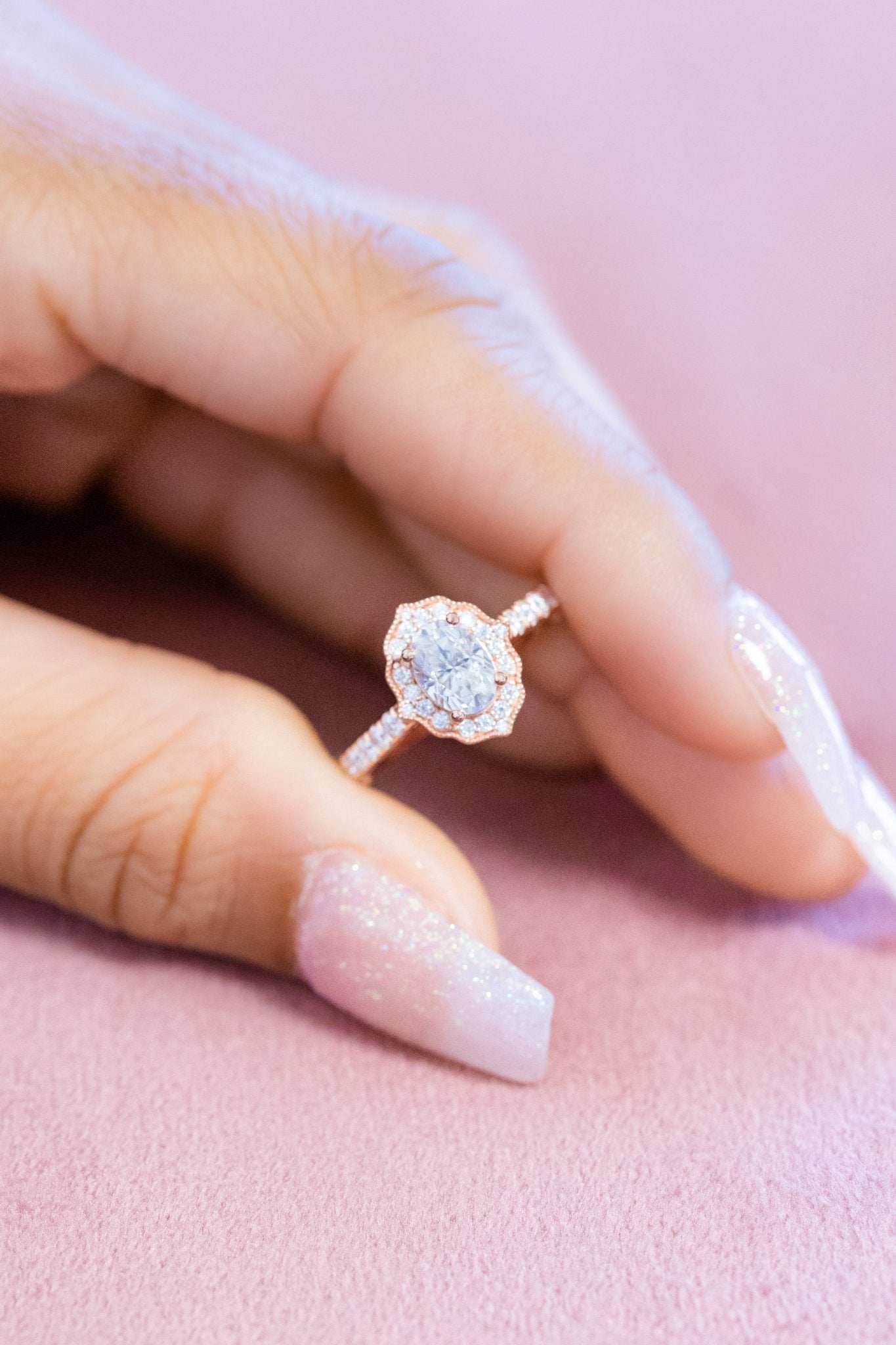 Oval Moissanite Engagement Ring Floral Halo - Main Image