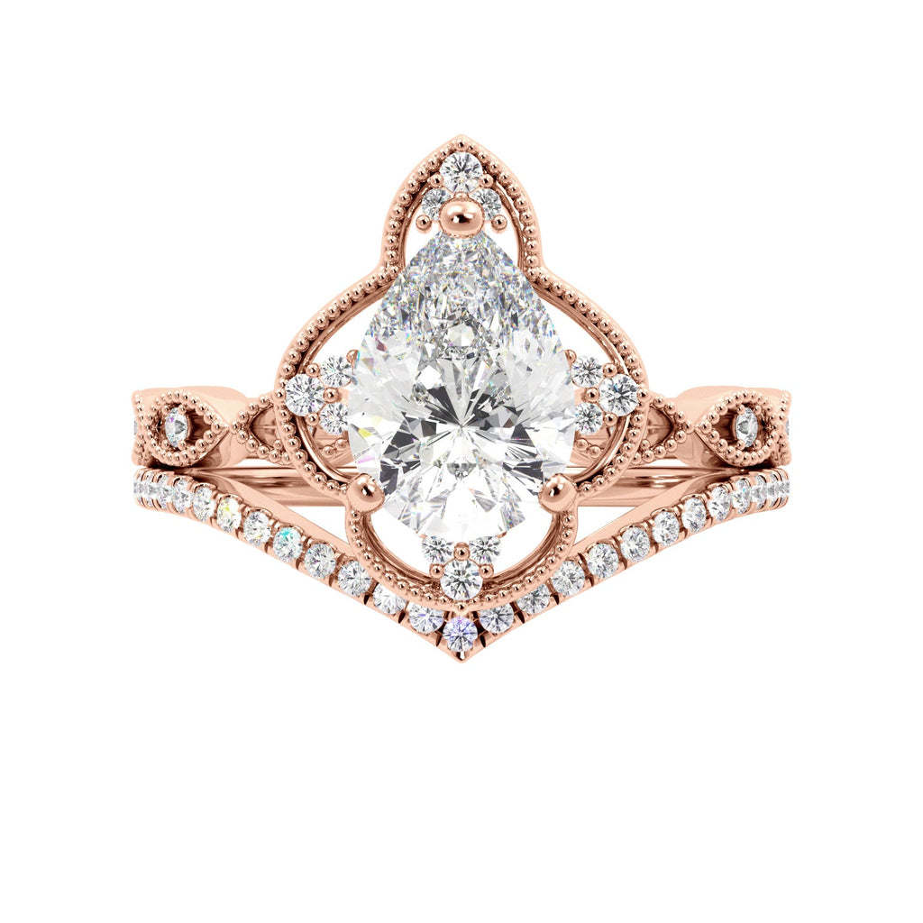 Pear Fancy Halo Milgrain Engagement Ring Set with Contour Band - Balacia