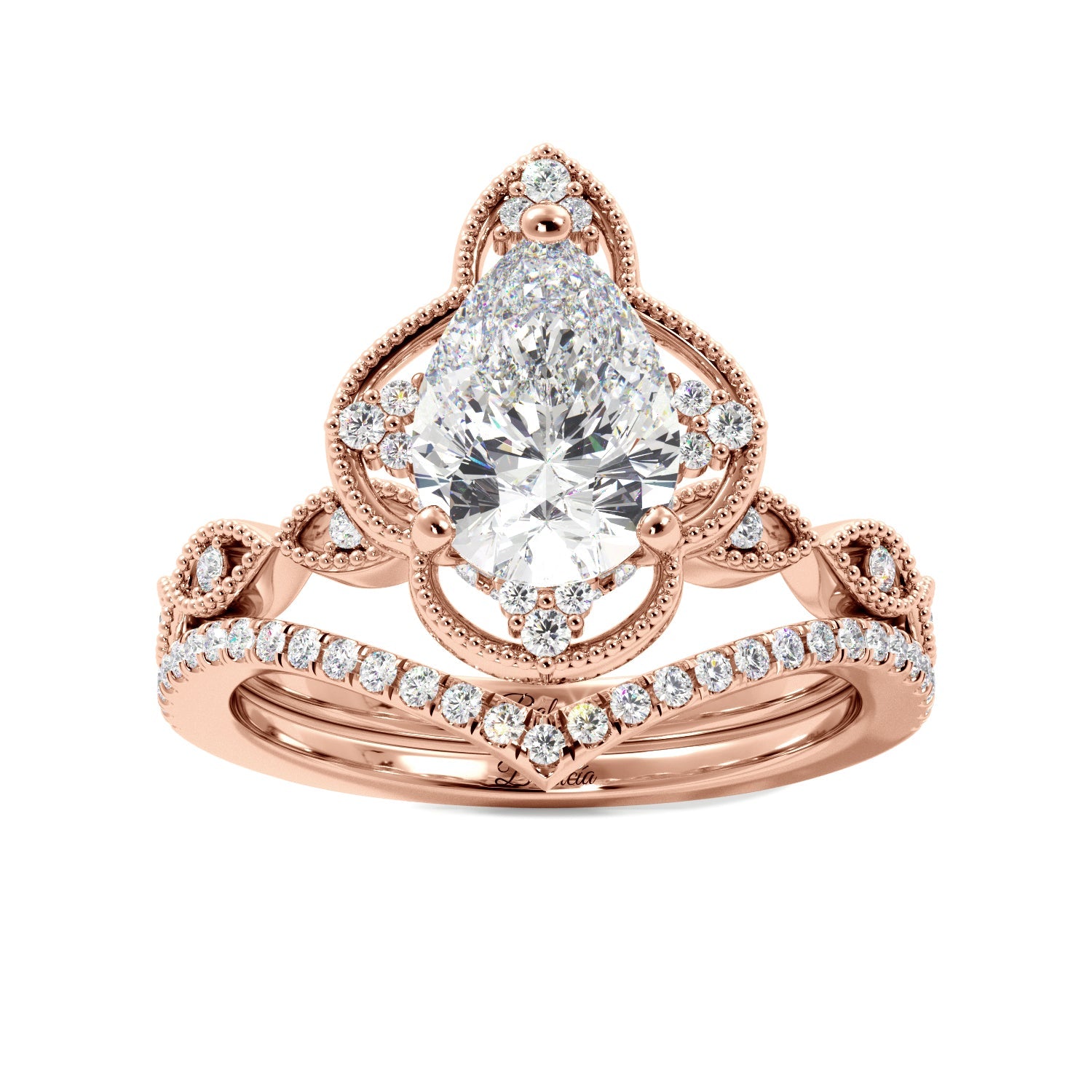 Pear Fancy Halo Milgrain Engagement Ring Set with Contour Band - Balacia
