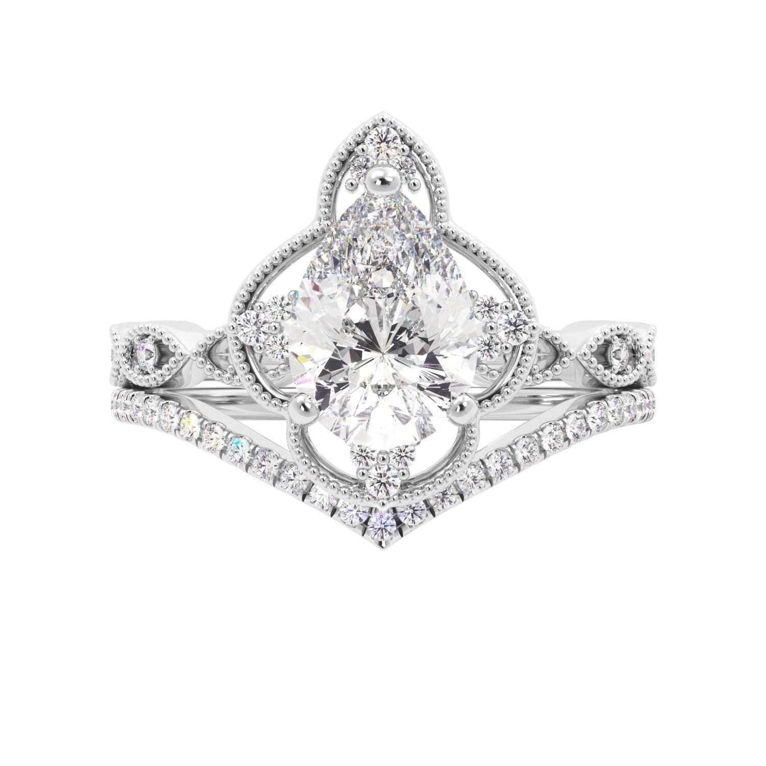 Pear Fancy Halo Milgrain Engagement Ring Set with Contour Band - Balacia
