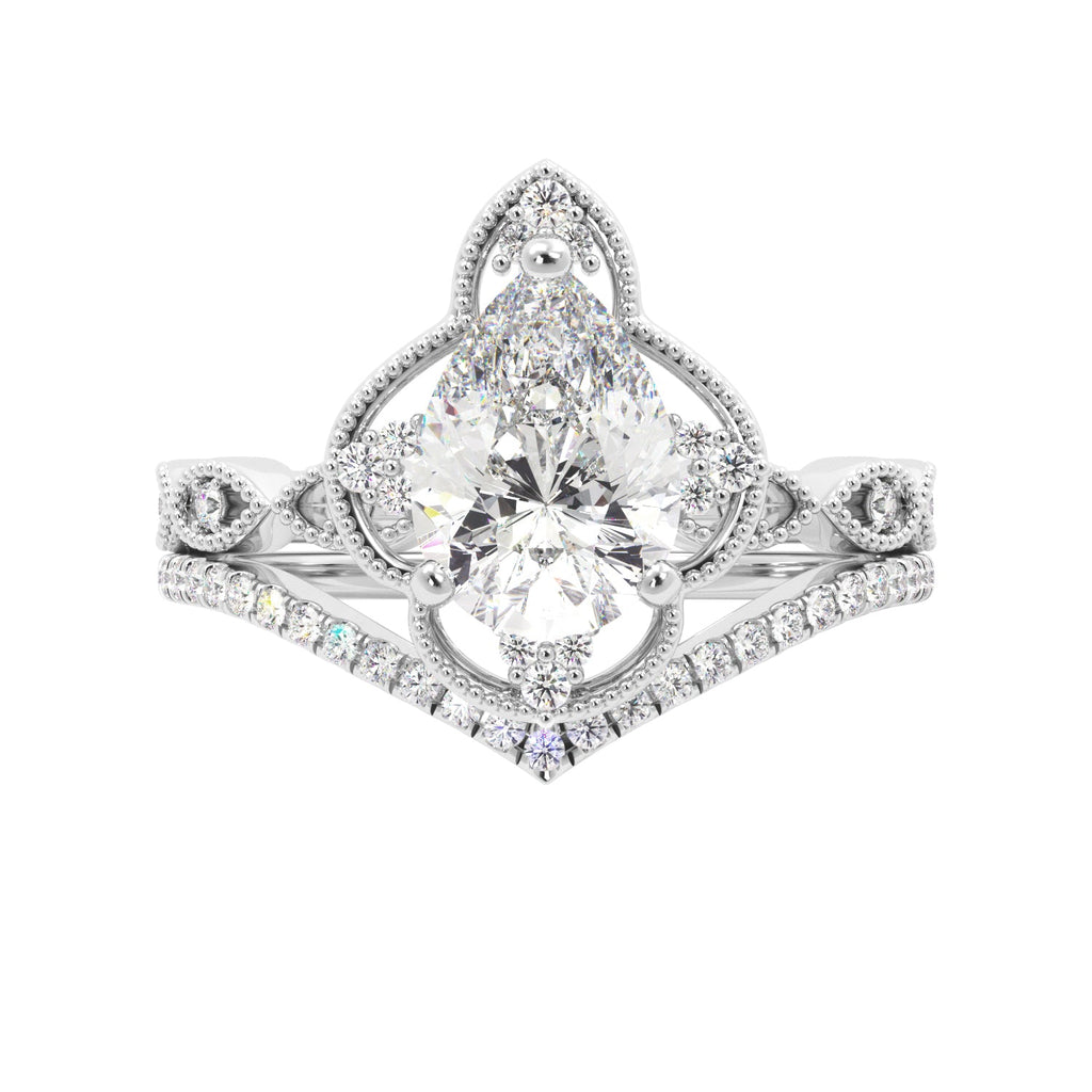 Pear Fancy Halo Milgrain Engagement Ring Set with Contour Band - Balacia