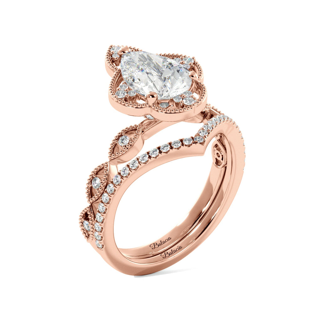 Pear Fancy Halo Milgrain Engagement Ring Set with Contour Band - Balacia