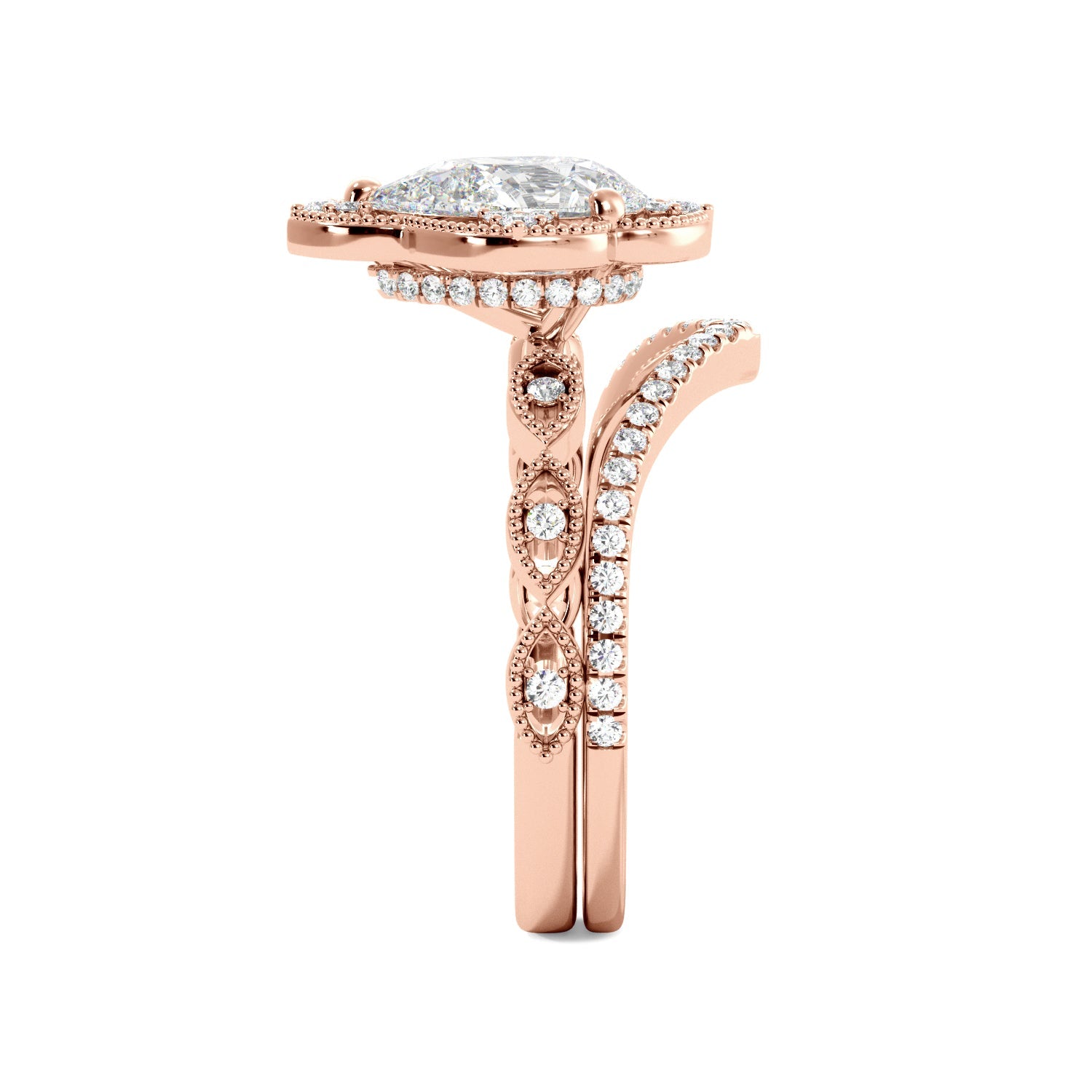 Pear Fancy Halo Milgrain Engagement Ring Set with Contour Band - Balacia