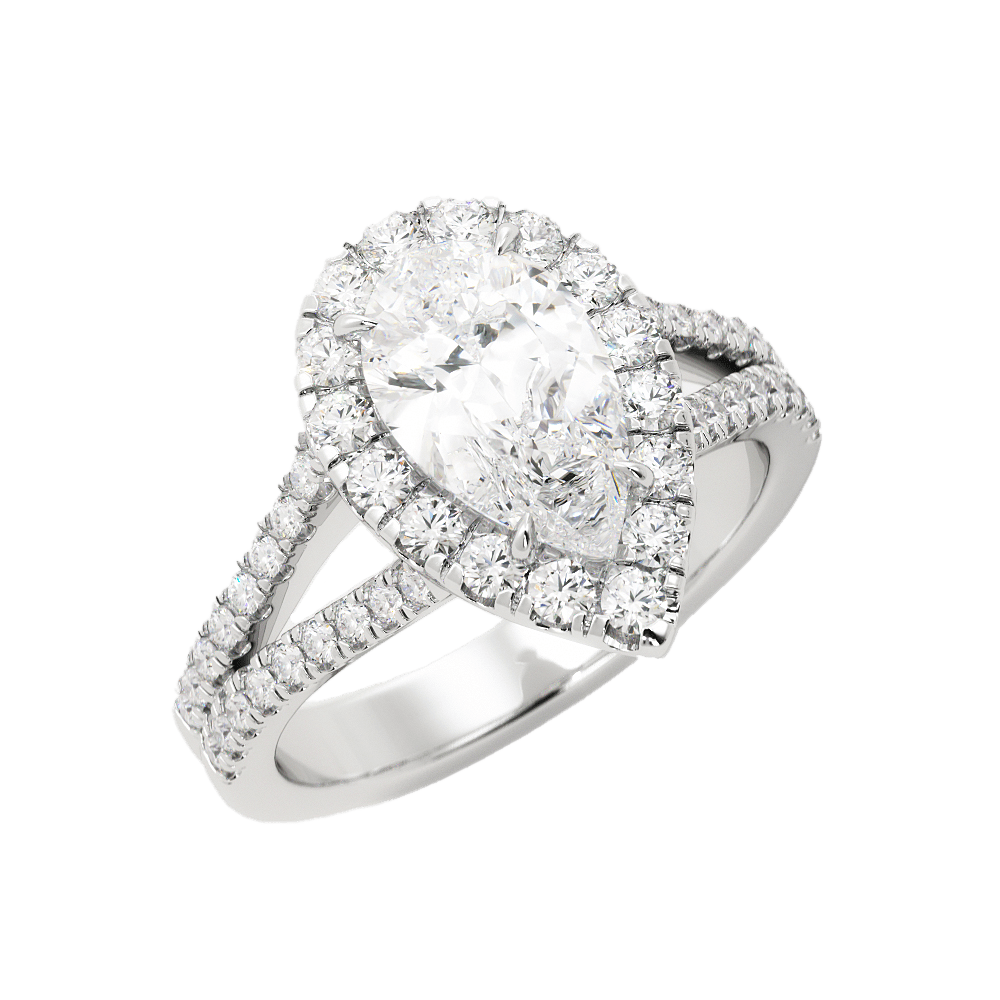 Pear Shaped Moissanite Halo Ring Split Shank Pave Band - Balacia