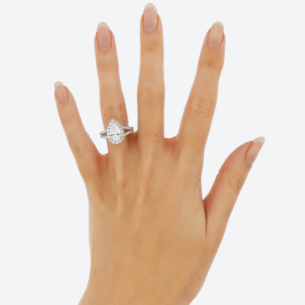 Pear Shaped Moissanite Halo Ring Split Shank Pave Band - Balacia