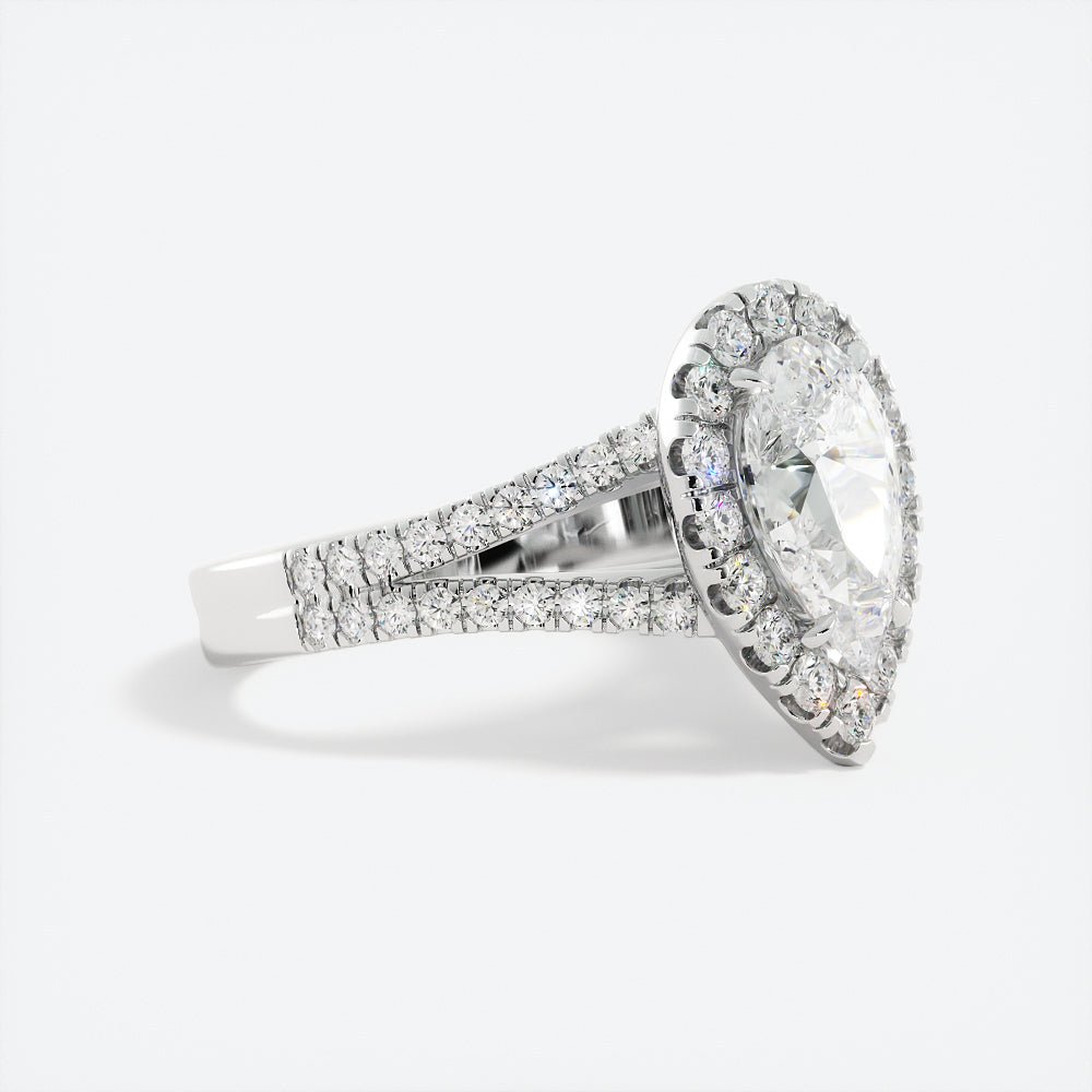 Pear Shaped Moissanite Halo Ring Split Shank Pave Band - Balacia