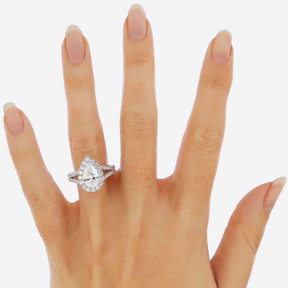 Pear Shaped Moissanite Halo Ring Split Shank Pave Band - Balacia