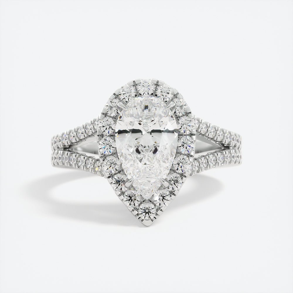 Pear Shaped Moissanite Halo Ring Split Shank Pave Band - Balacia