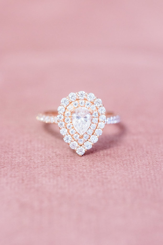 Pear Shaped Moissanite Ring Double Halo Intricate Filigree Design - Balacia
