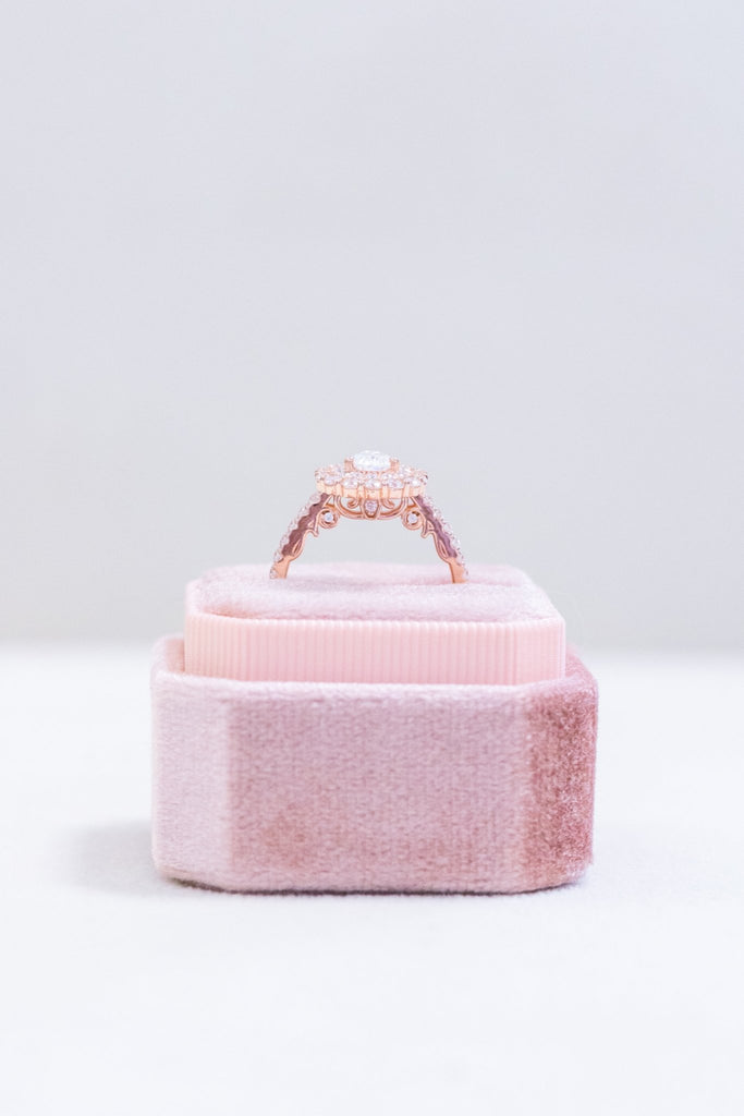 Pear Shaped Moissanite Ring Double Halo Intricate Filigree Design - Balacia