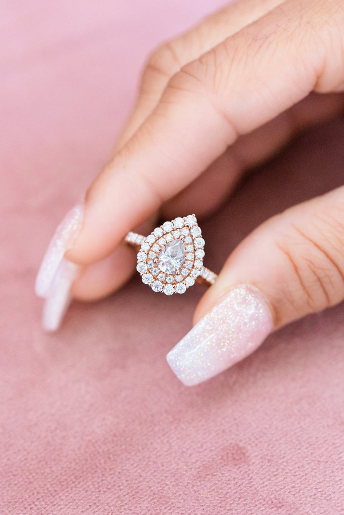 Pear Shaped Moissanite Ring Double Halo Intricate Filigree Design - Balacia