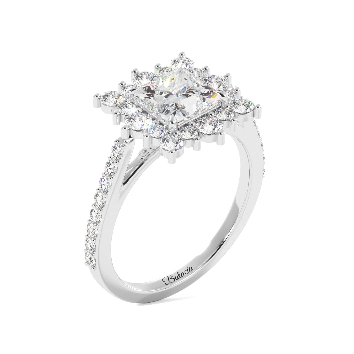 Princess Cut 1/2 Eternity Round Pedal Halo Engagement Ring - Balacia