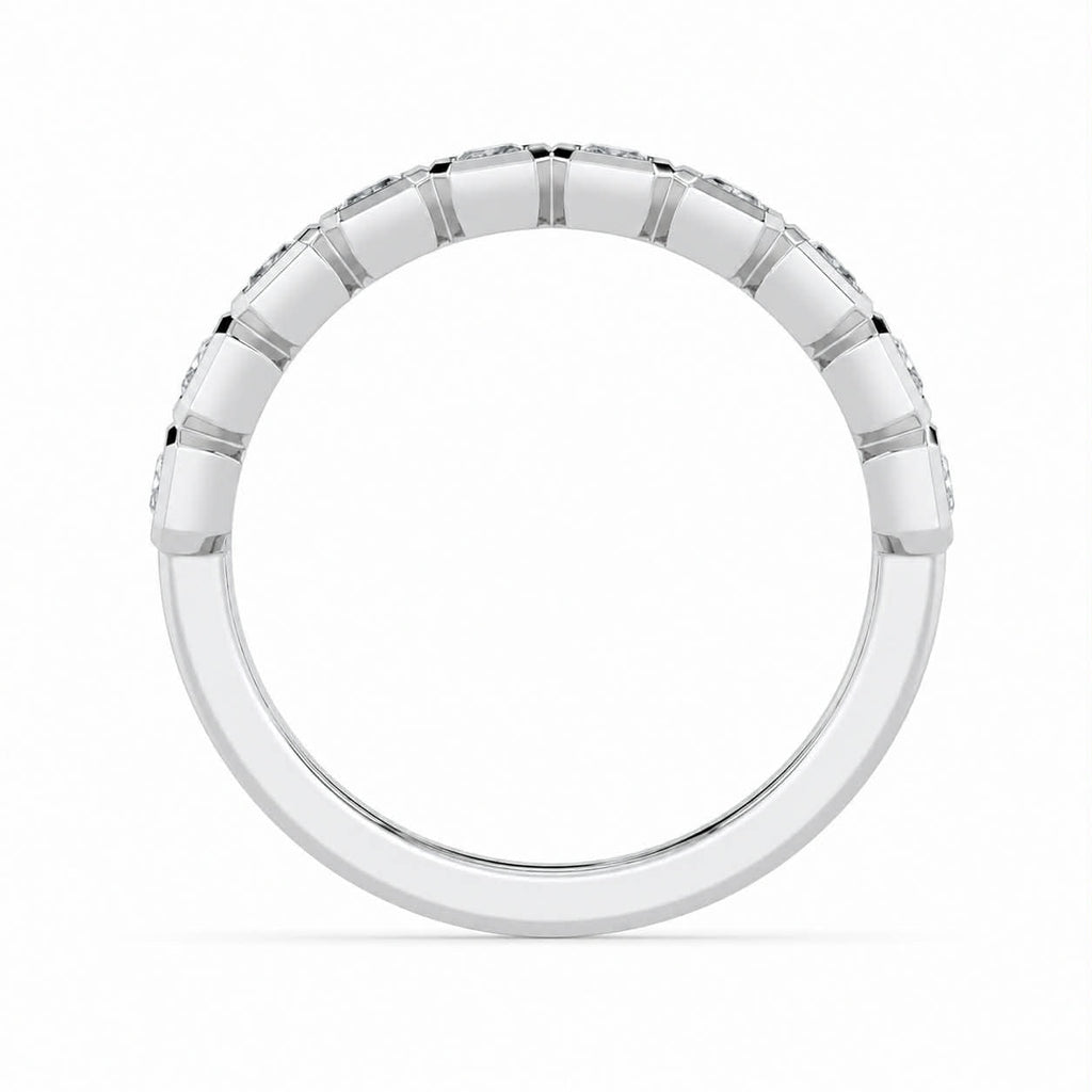 Radiant Diamond Bezel Half Eternity White Gold Band Full Side View