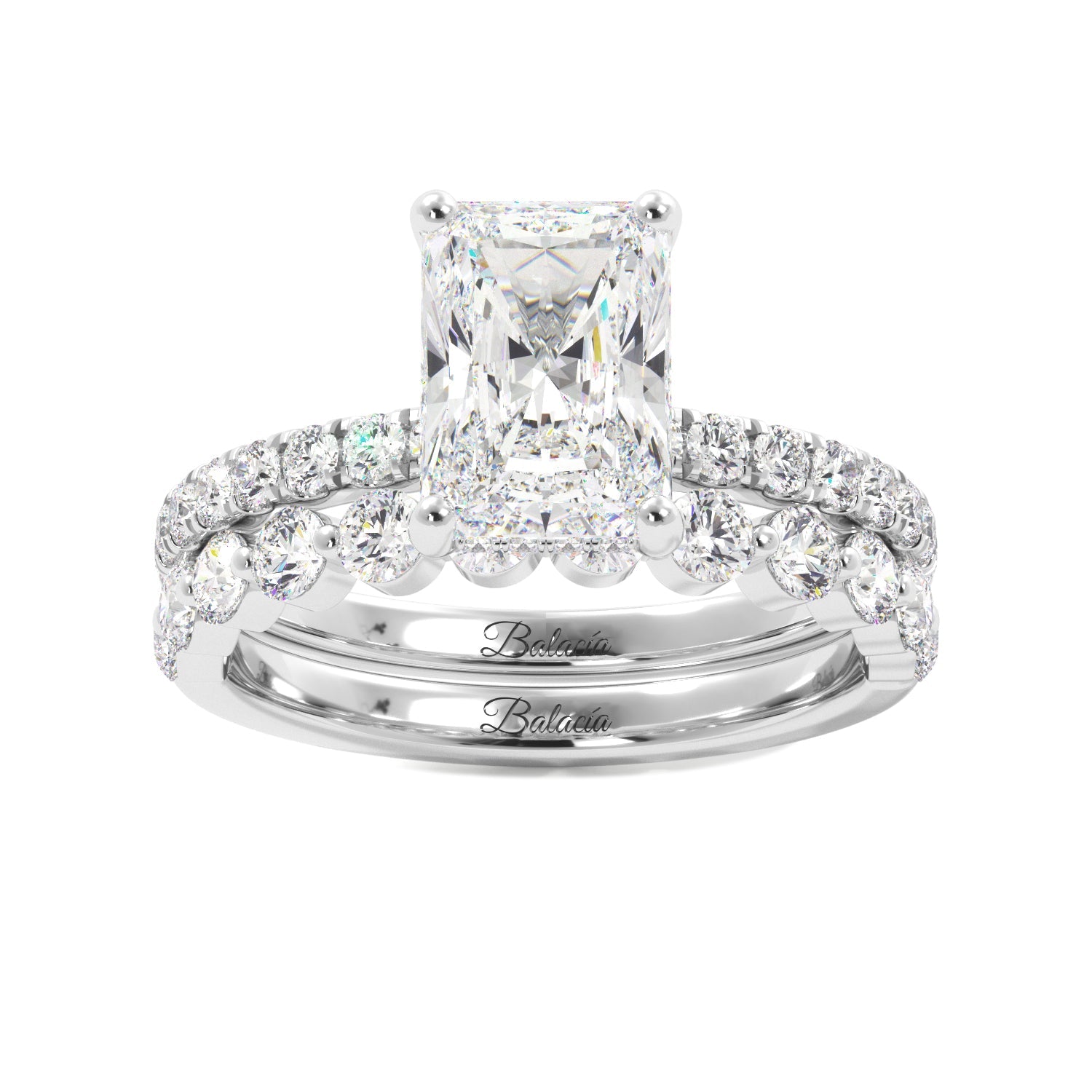 Radiant Cut Diamond Hidden Halo Engagement Ring Set with Band