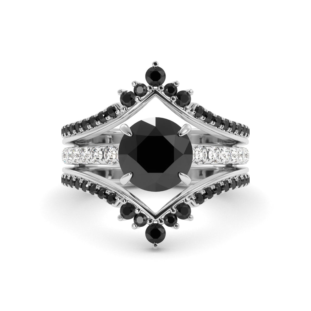 Round Black Moissanite Engagement Ring Bridal Enhancer Set