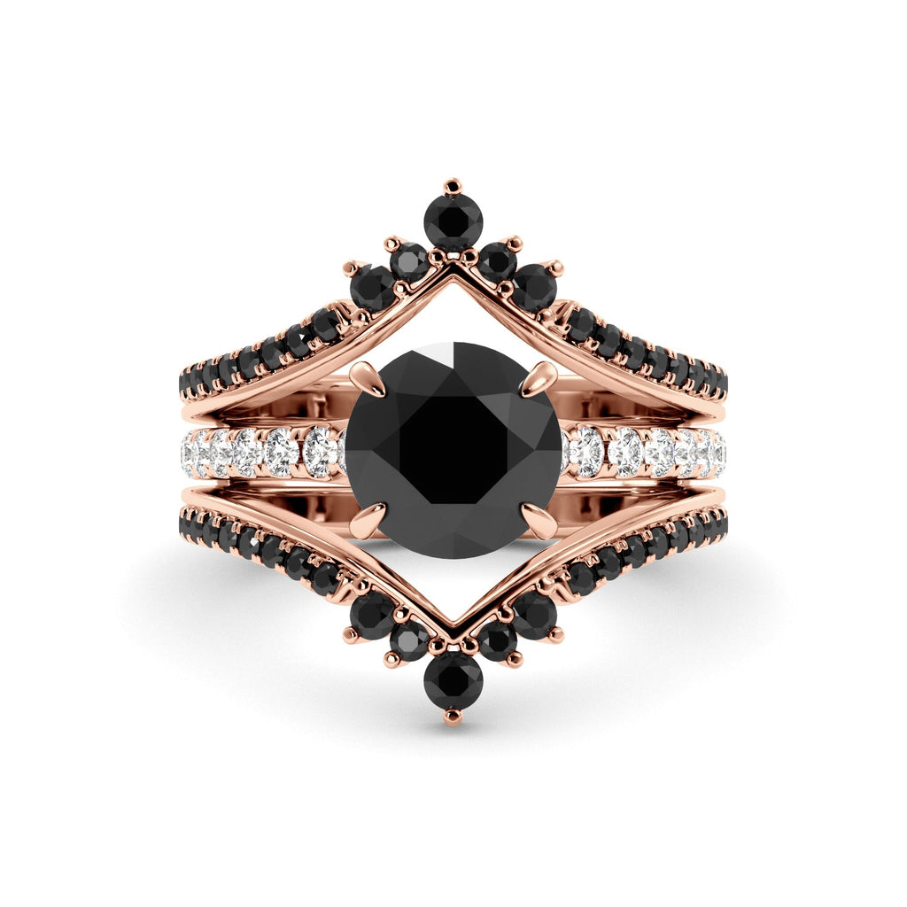 Rose Gold Round Black Moissanite Engagement Ring Bridal Enhancer Set