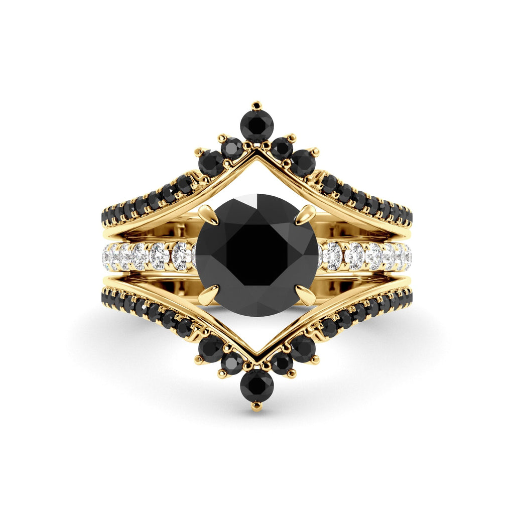 Gold Round Black Moissanite Engagement Ring Bridal Enhancer Set